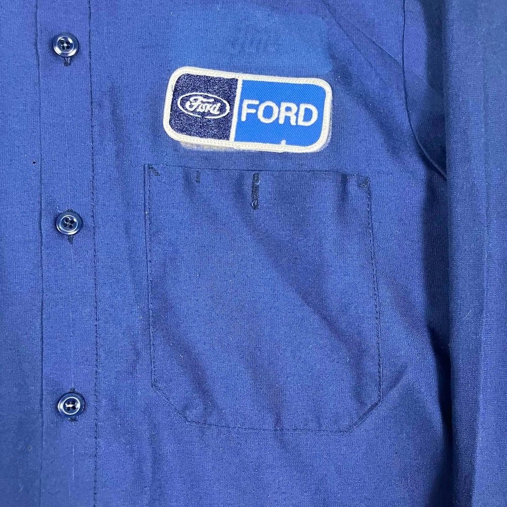 Vintage 80s Red Kap Ford Mechanic Work Shirt Navy Blue Racing Stripe Mens M-RG - Picture 5 of 16